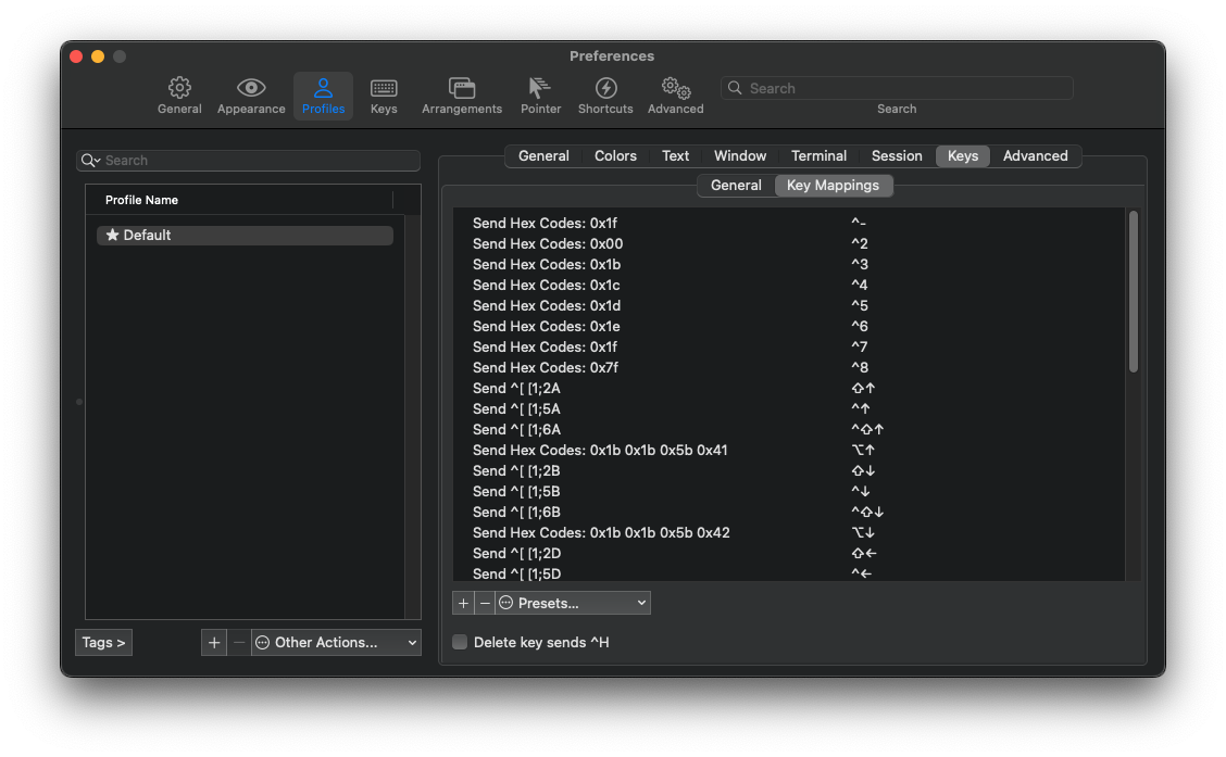iTerm2のKey Mappingsタブを開いたときの画面のスクリーンショット